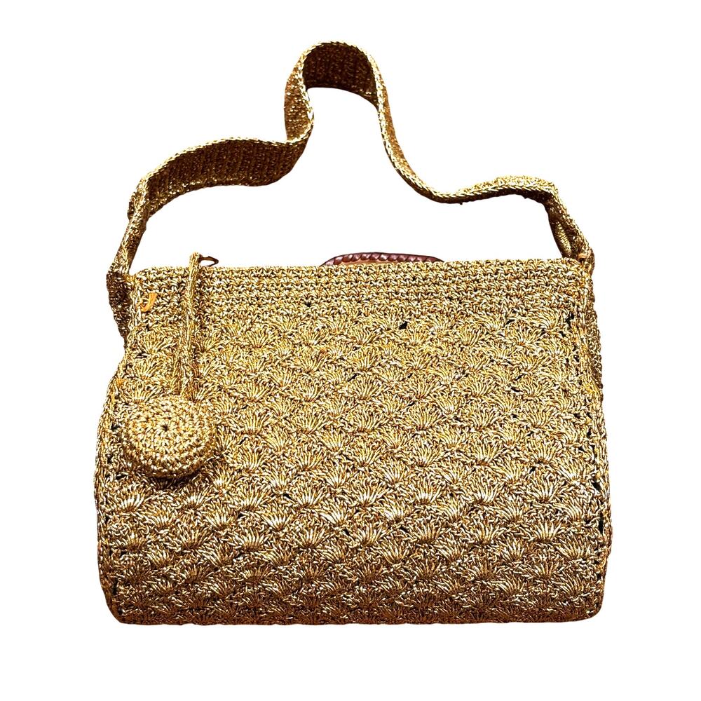 Unique vintage gold metallic crochet evening bag top handle purse mid century